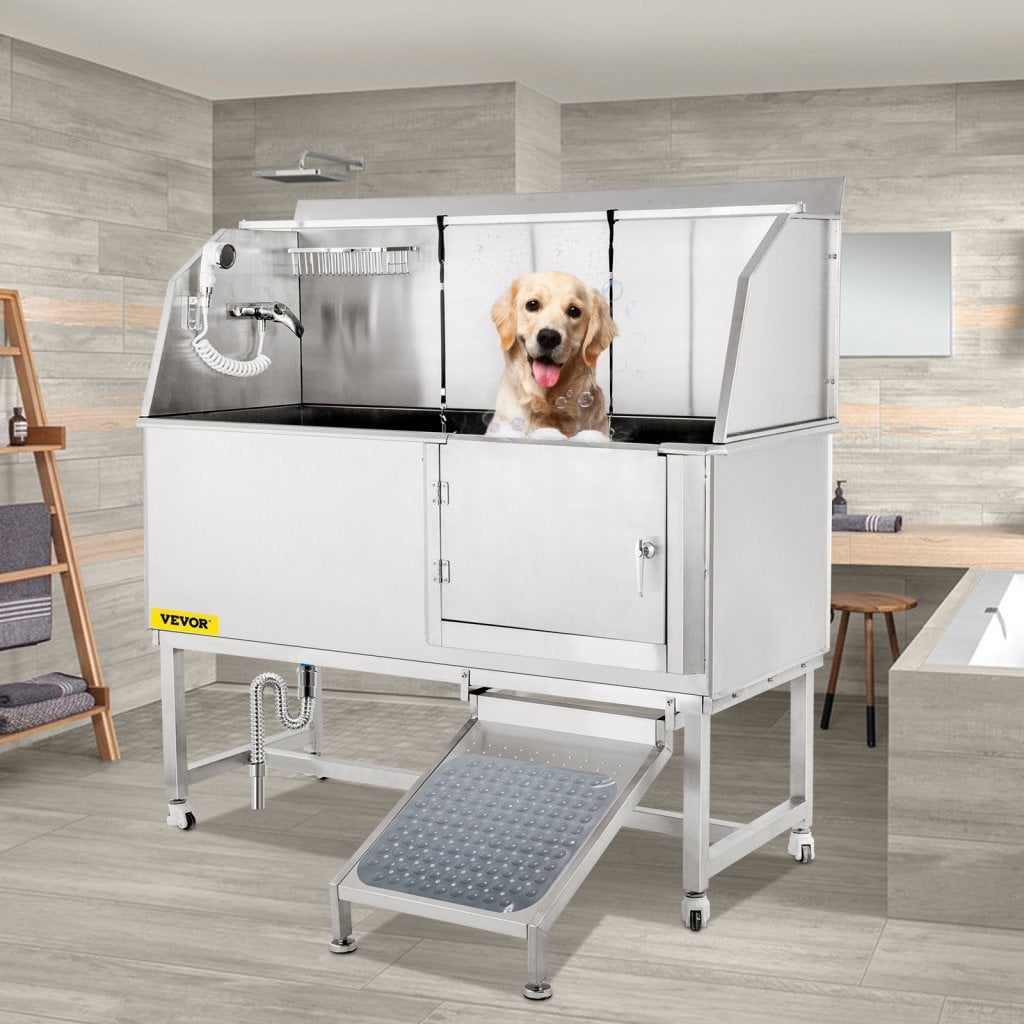 Wanna do pielęgnacji psów, 62" R, stanowisko do mycia zwierząt, wanna ze stali nierdzewnej 304 o ładowności 661 funtów, antypoślizgowa stacja do mycia psów, w zestawie rampa, kran, spryskiwacz i zestaw odpływowy