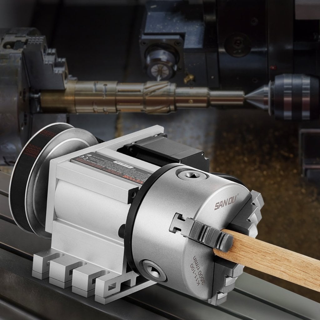 Głowica dzieląca z uchwytem indeksującym K11-100 mm, uchwyt 3-szczękowy, konik do frezowania CNC
