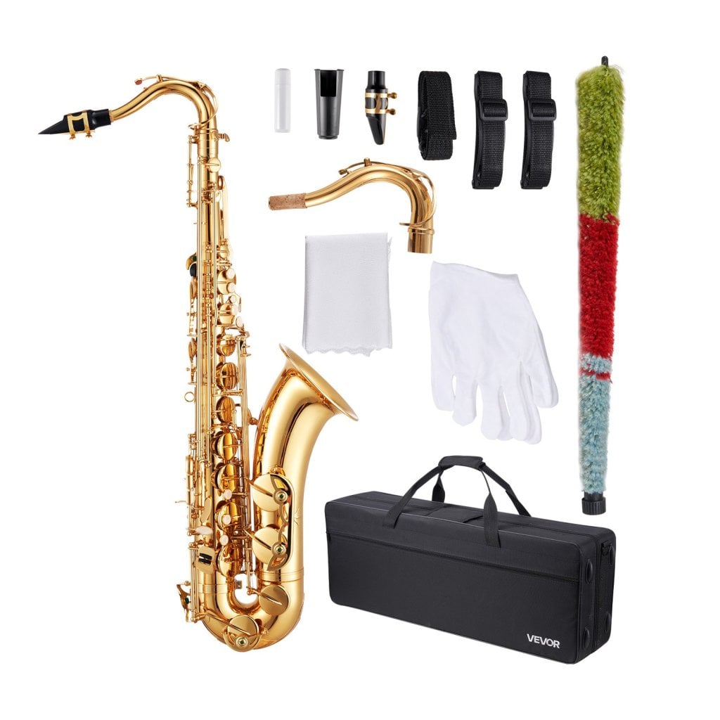 Sada pro začátečníky pro tenor saxofon B-mosaxofon se zlatým náustkem a pouzdrem.