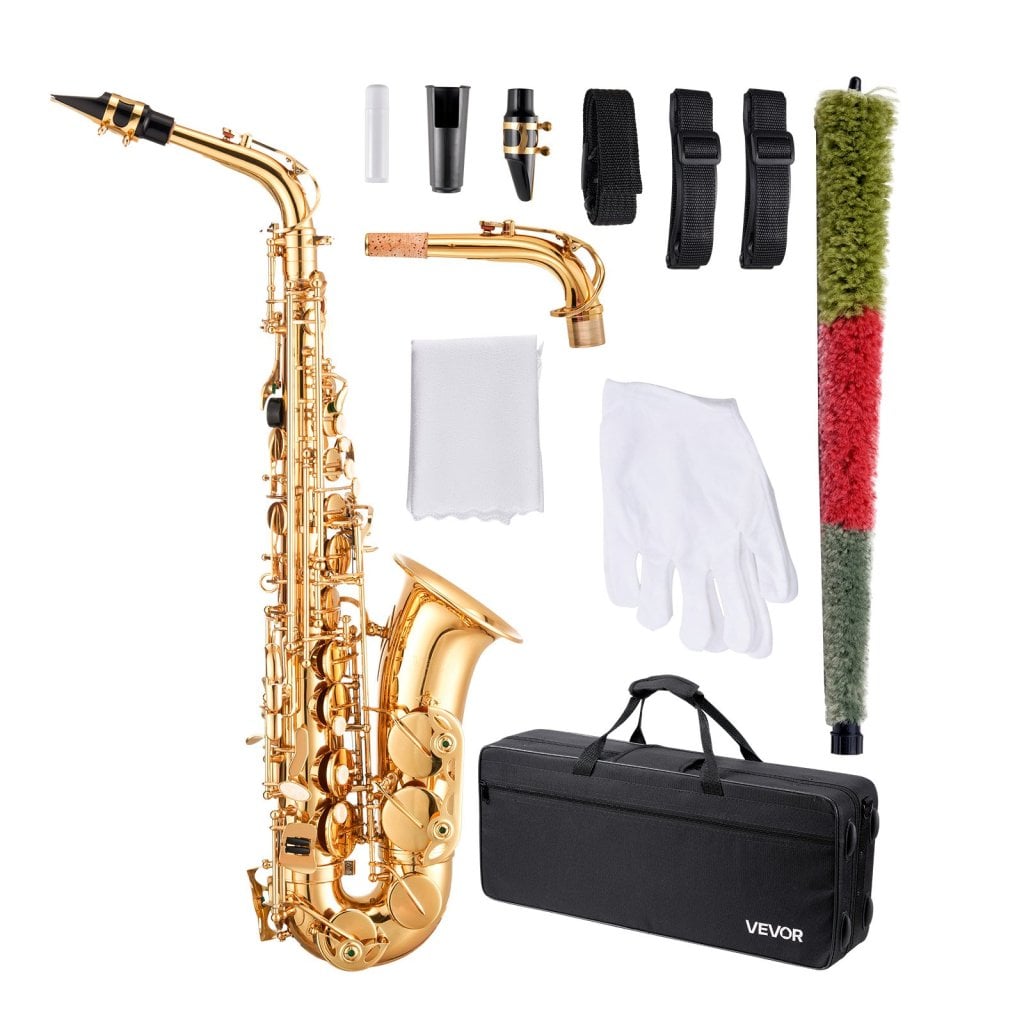 Sada pro začátečníky pro alt saxofon, Es, Es flat saxofon, zlatá mosaz s náustkem na pouzdro.