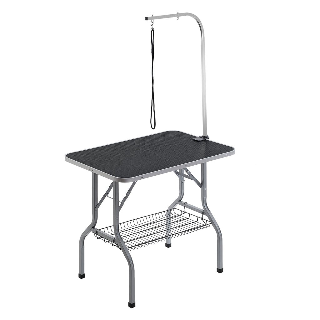 Ramię stołu do pielęgnacji zwierząt z zaciskiem, stacja do pielęgnacji psów 915 x 610 mm, składany stojak do pielęgnacji zwierząt dla średnich i małych psów, bezsiedzeniowy uchwyt na pośladki z paskiem do pielęgnacji, nośność 149,7 kg