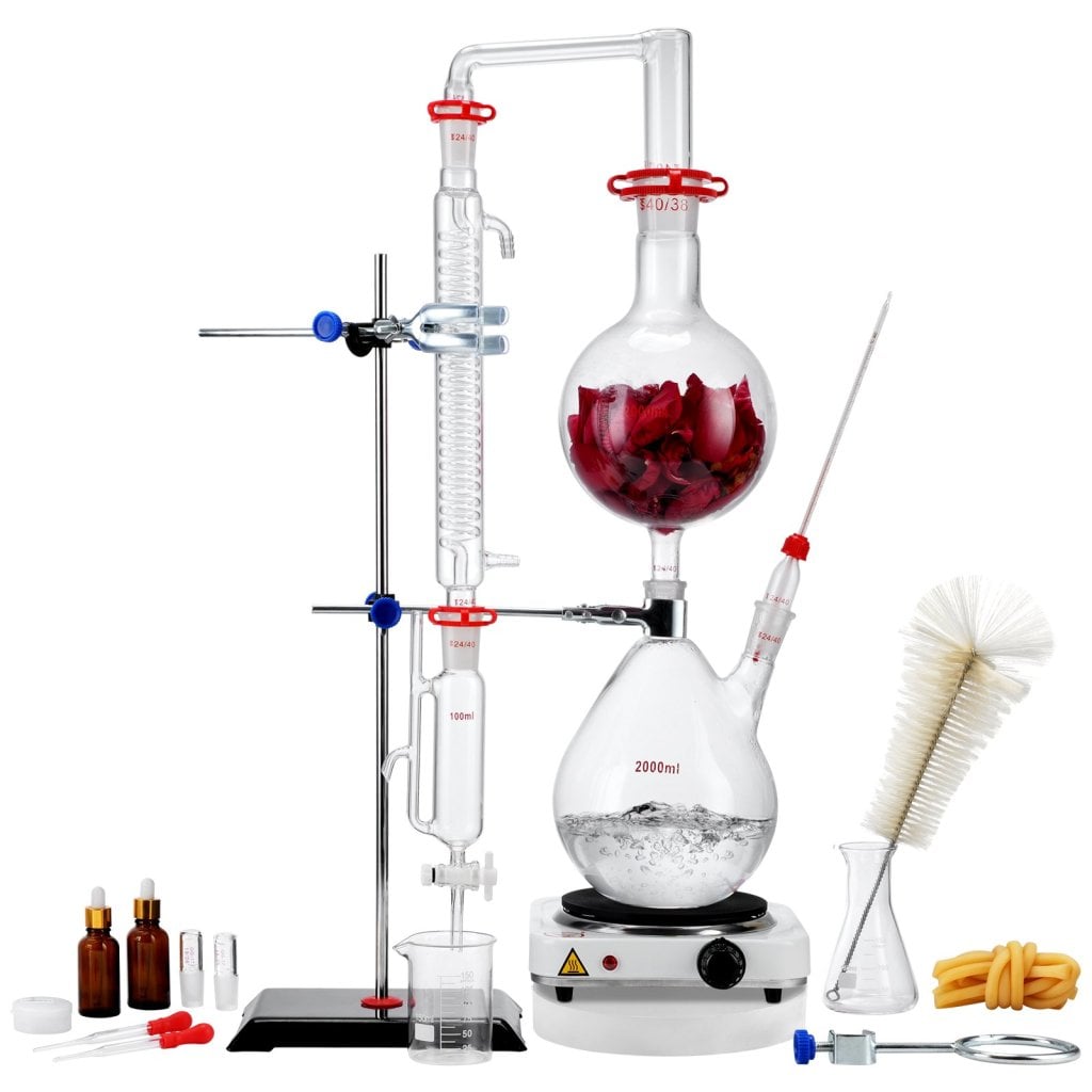 Zestaw do destylacji olejków eterycznych, aparat destylacyjny 2000 ml, zestaw destylacyjny Boro Lab Glassware 3.3 z płytą grzewczą 1000 W i 24 przyłączami (40), zestaw 28-częściowy