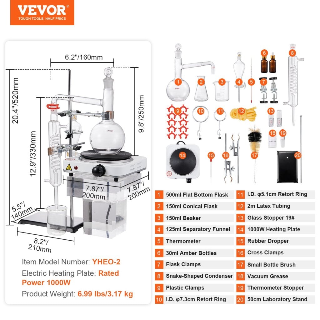 Zestaw do destylacji olejków eterycznych, aparat destylacyjny 500 ml, zestaw destylacyjny Boro Lab Glassware 3.3 z płytą grzewczą 1000 W i 24 złączami, 40 elementów, zestaw 33-częściowy