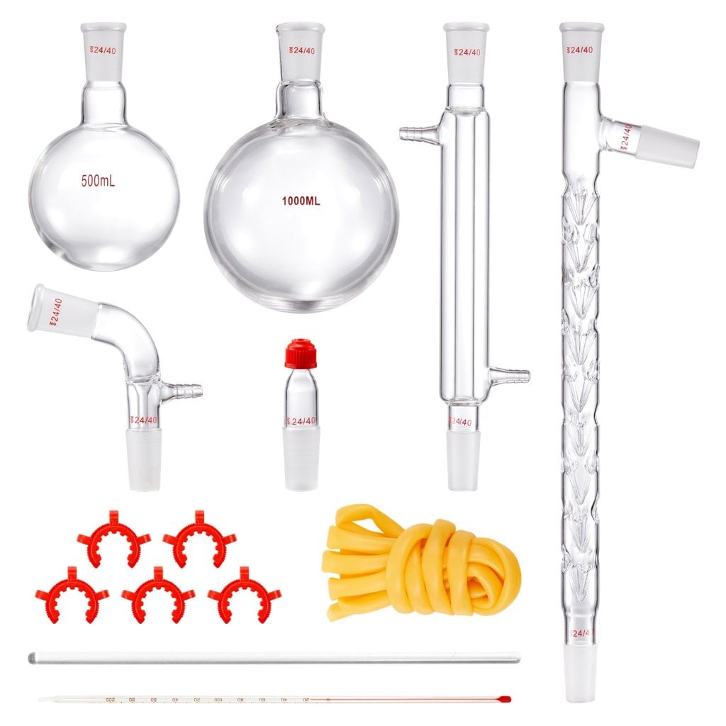 Zestaw do destylacji laboratoryjnej, zestaw do destylacji ze szkła laboratoryjnego 3,3 Boro z 24 i 40 złączami, zestaw urządzeń do destylacji olejków eterycznych o pojemności 1000 ml, 14-częściowy zestaw naczyń szklanych
