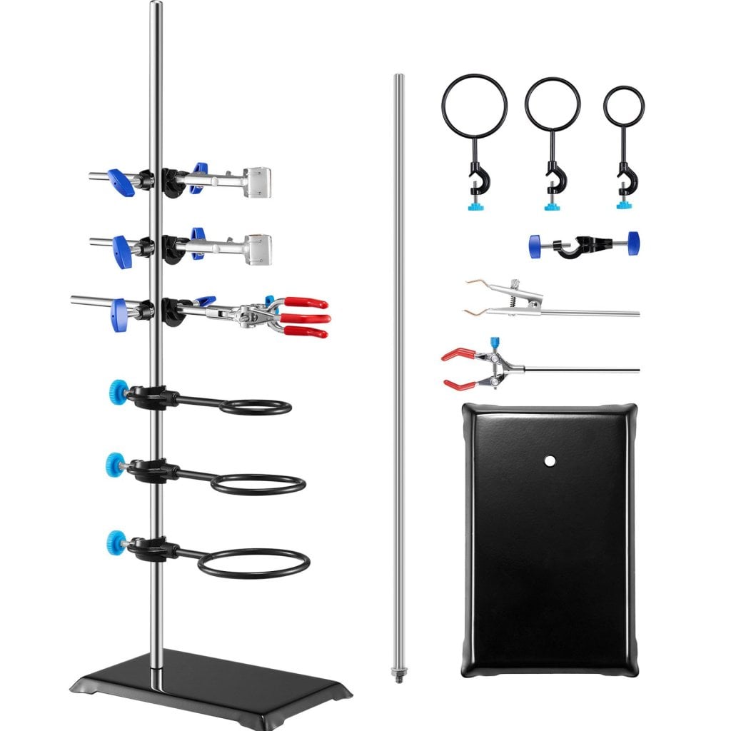 Podpórka pod statyw laboratoryjny, zestaw podpórek pod retortę laboratoryjną, stalowy statyw laboratoryjny z prętem 23,6" i żeliwną podstawą 8,3" x 5,3", zawiera zaciski do kolb, zacisk biurety i zaciski krzyżowe