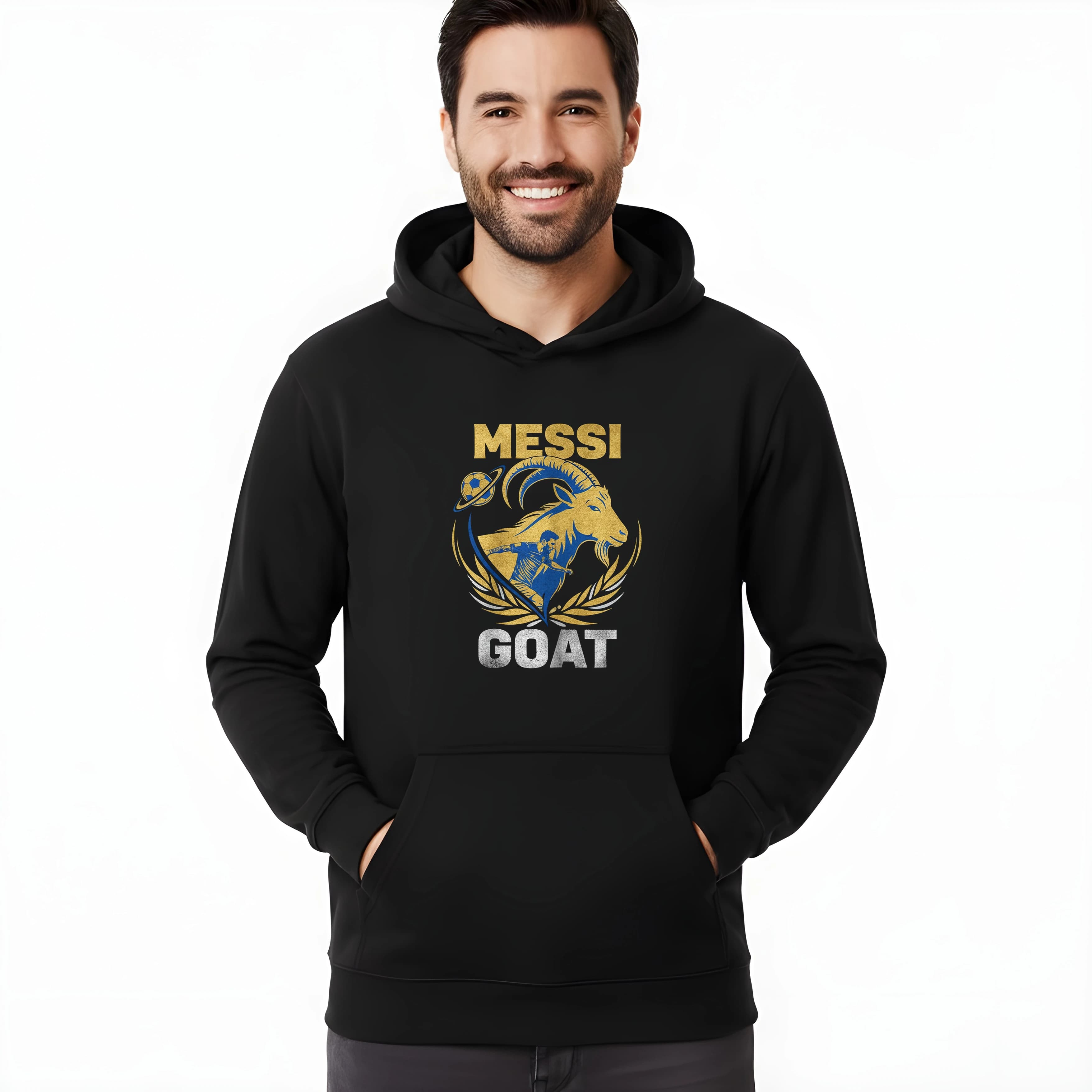 Bluza z kapturem Messi złoty Goat piłkarska legenda z wawrzynem i galaktyczną piłką