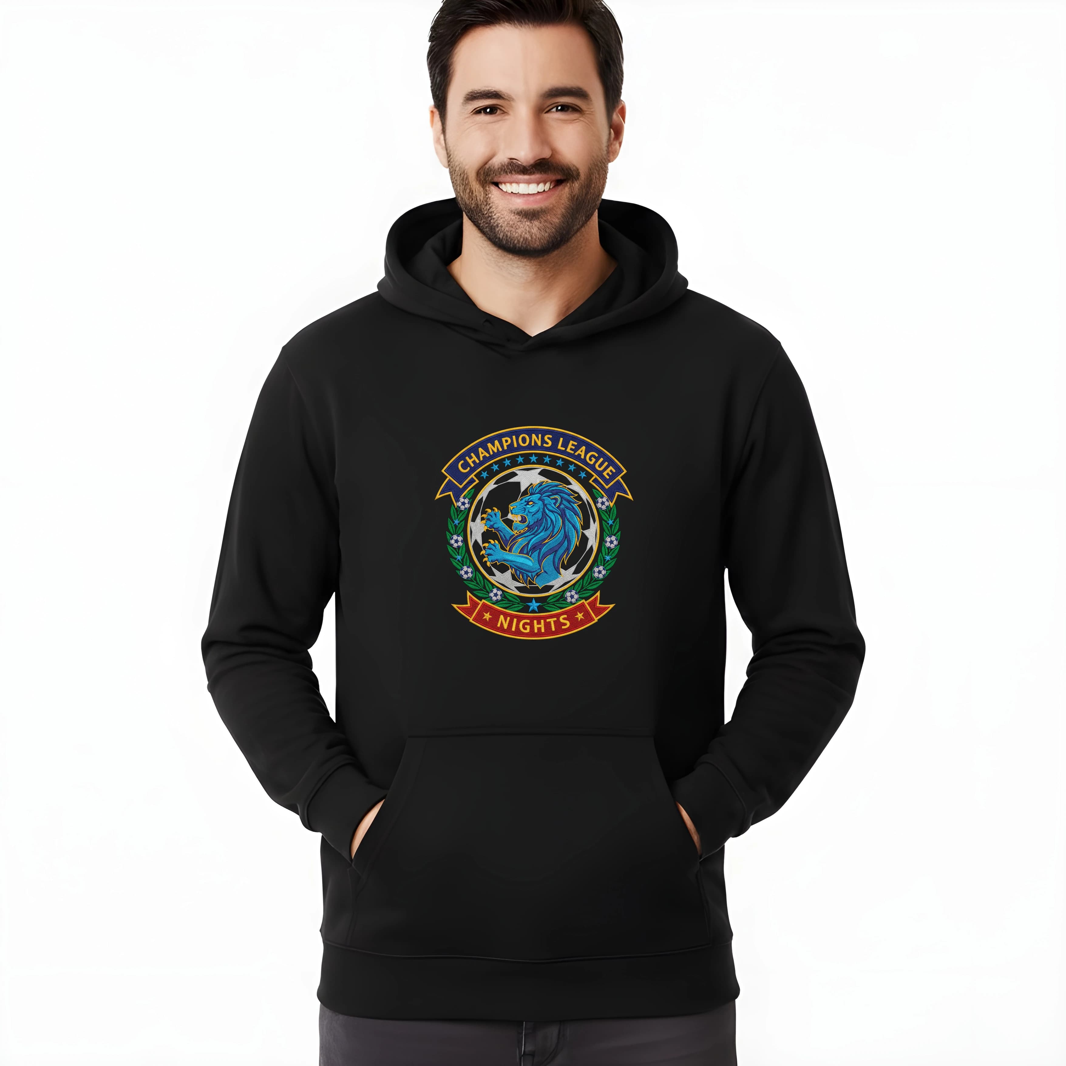 Bluza z kapturem nocna sala Champions League lwia tarcza i gwiezdne zwycięstwo