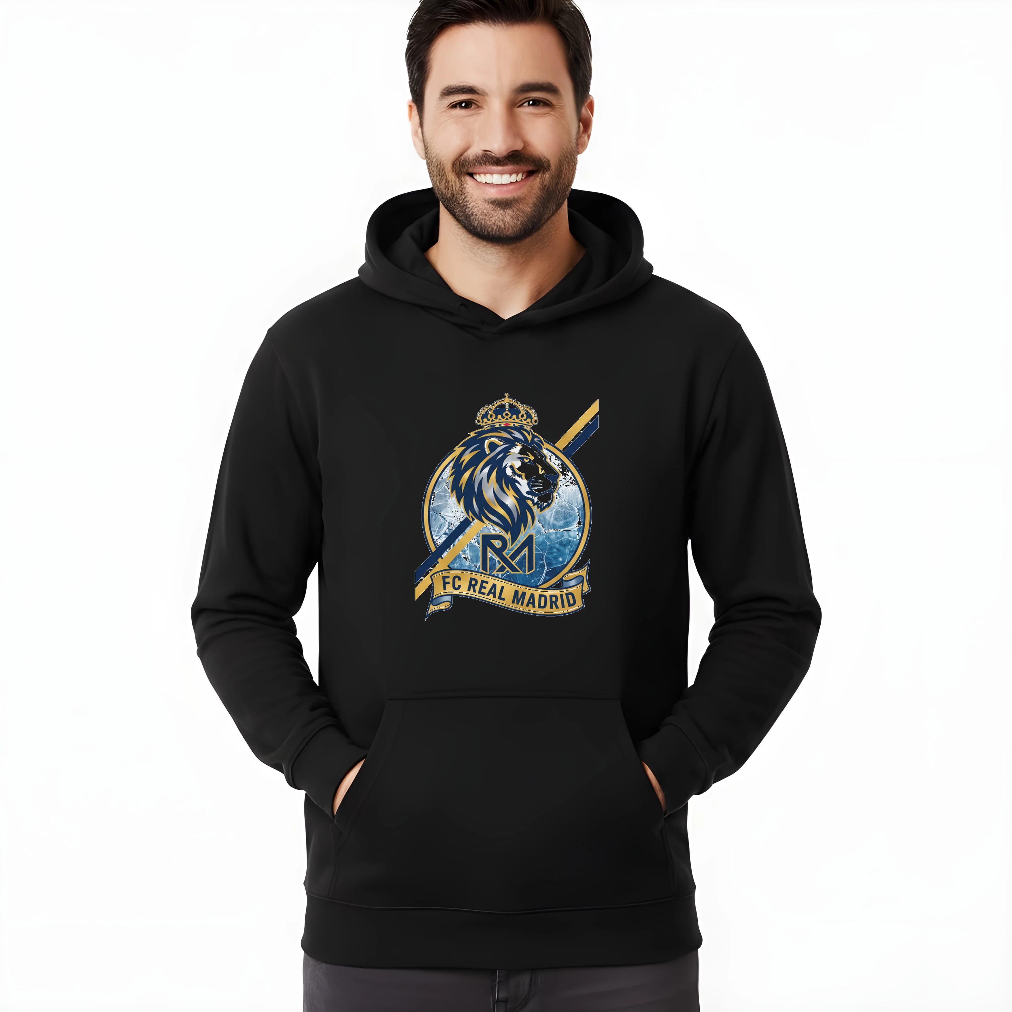 Bluza z kapturem królewski lodowy lwi emblemat FC Real Madrid złoto i błękit