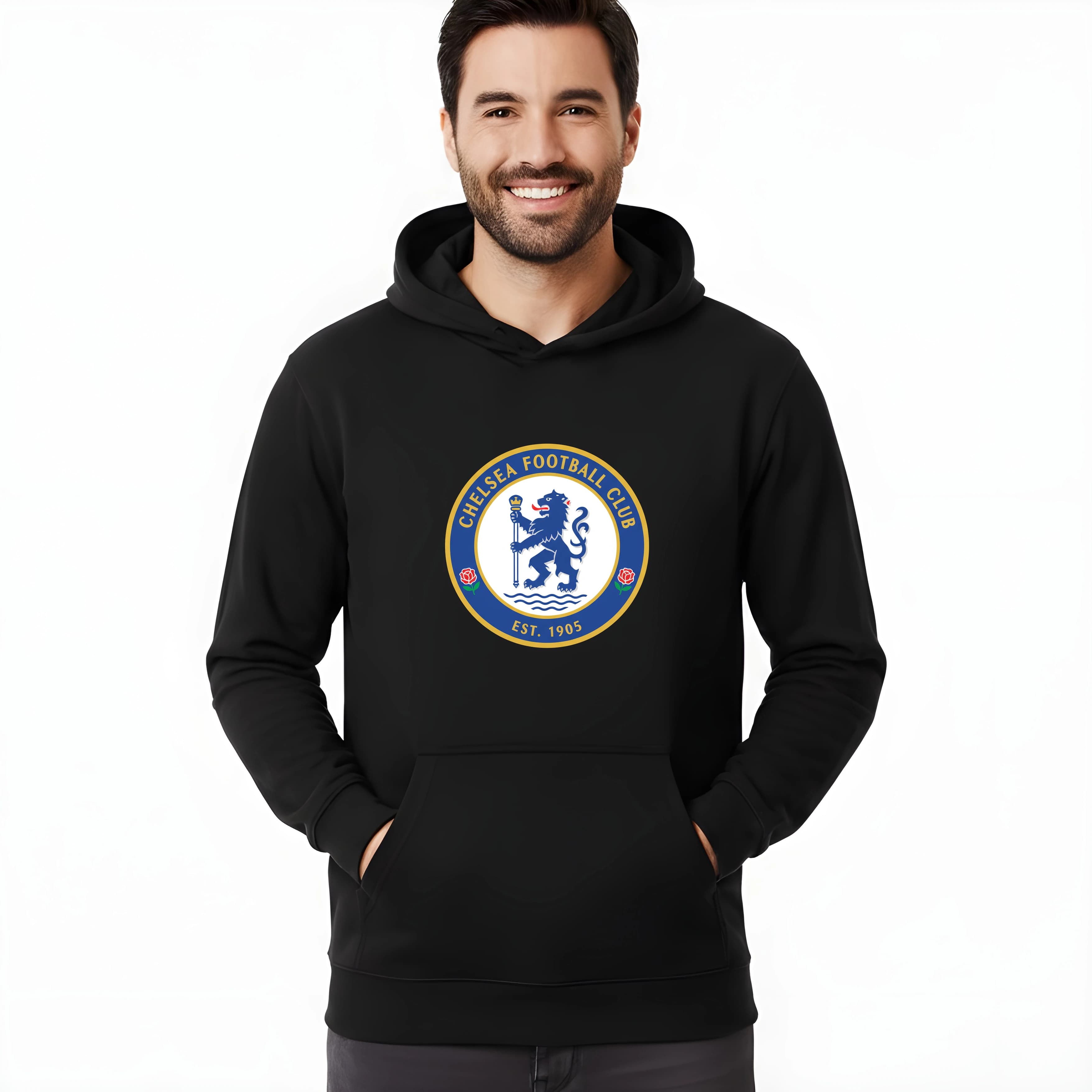 Bluza z kapturem Chelsea królewska tarcza niebieski lew złote róże i morskie fale