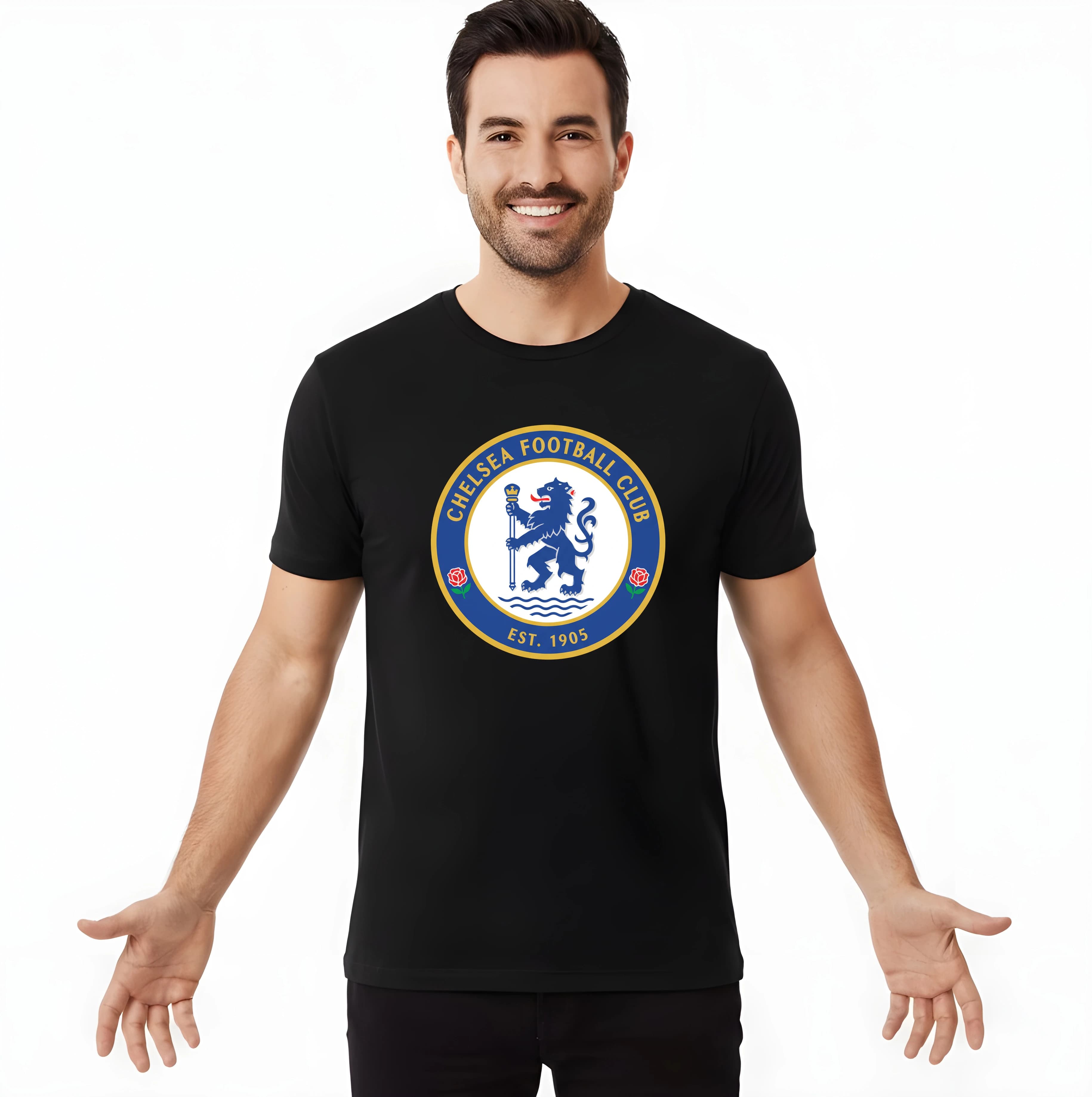 Koszulka męska Chelsea, królewska tarcza, niebieski lew, złote róże i morskie fale